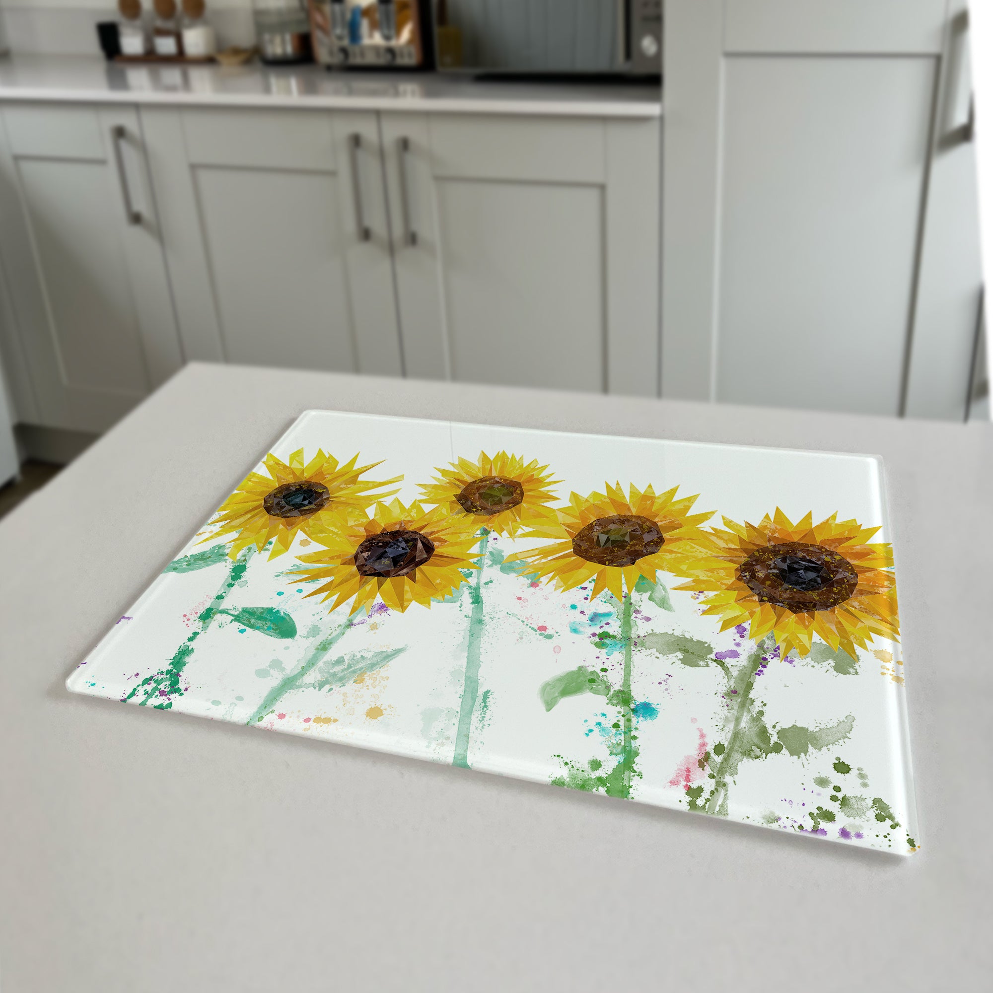 Custom Premium Worktop Saver Listing for BP - The Sunflowers 500mm w X 400mm h - 4mm Thick glass with rubber feet