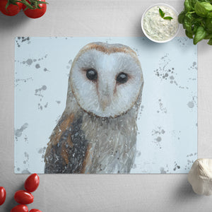 NEW! "Whisper" The Barn Owl (Grey Background) Glass Worktop Saver