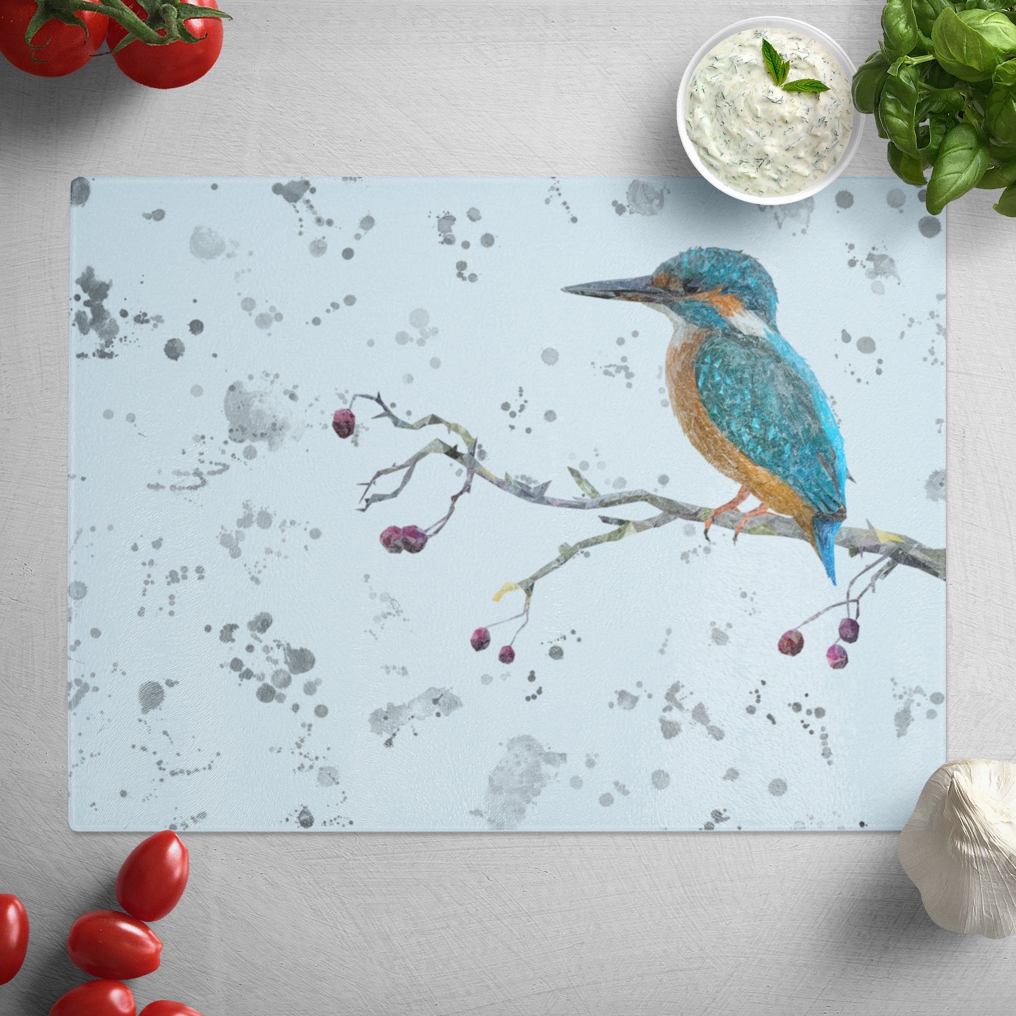 NEW! "On the Lookout" The Kingfisher (grey background) Glass Worktop Saver - Andy Thomas Artworks