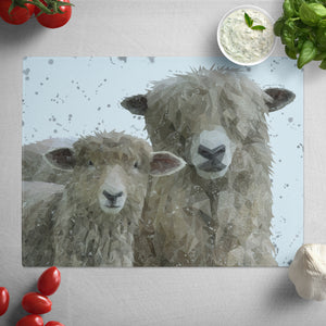 "Lily & Lottie" (Grey Background) The Lincoln Longwool Sheep Glass Worktop Saver