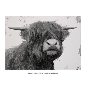 "Henry" The Highland Bull (B&W) A4 Unframed Art Print - Andy Thomas Artworks