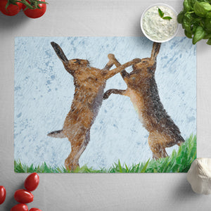 "The Standoff" Fighting Hares Glass Worktop Saver