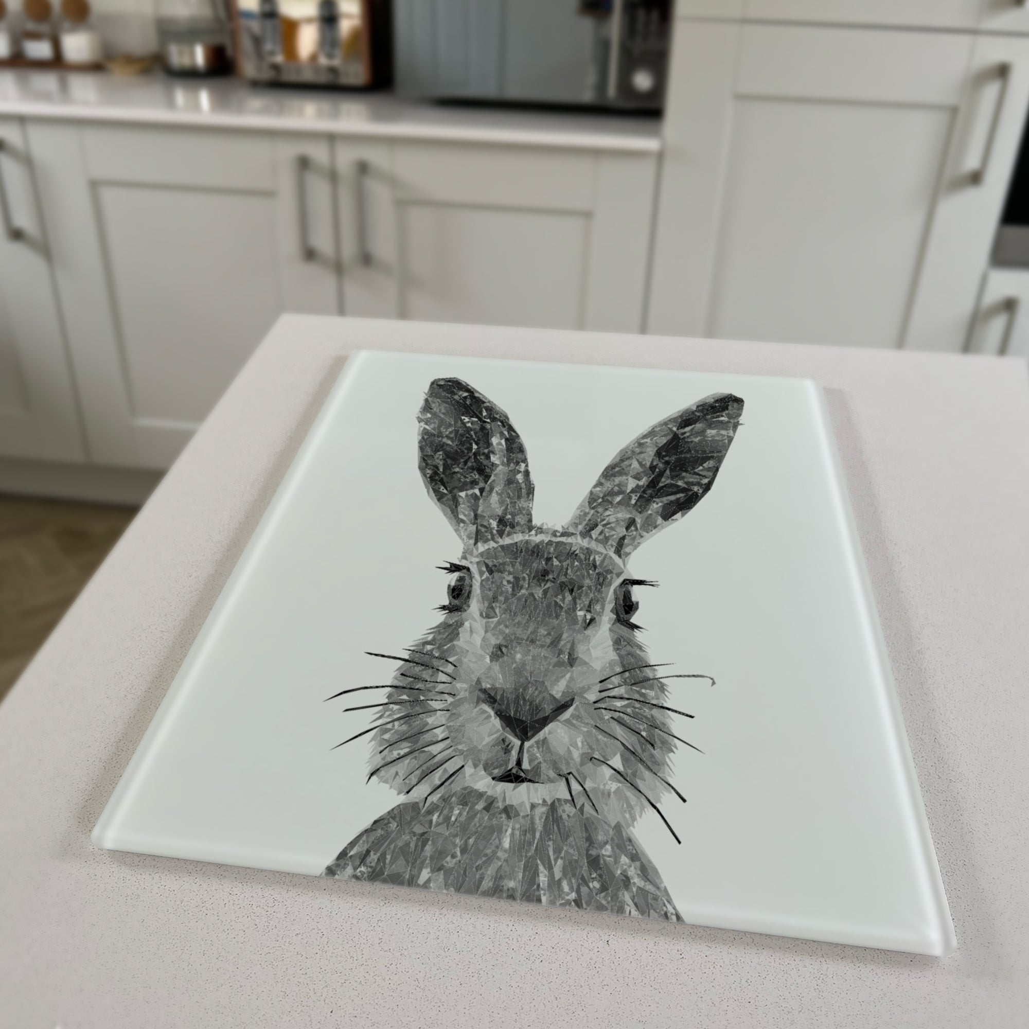 The Hare, Black & White Portrait, Premium Glass Worktop Saver