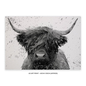 "The Highland" Highland Cow Art (B&W) A3 Unframed Art Print - Andy Thomas Artworks
