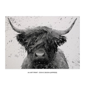 "The Highland" Highland Cow Art (B&W) A4 Unframed Art Print - Andy Thomas Artworks