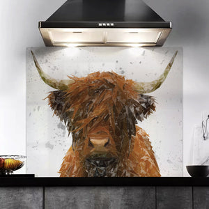 "The Highland" Highland Cow Art (Grey Background) Kitchen Splashback