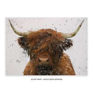 "The Highland" Highland Cow Art (Grey Background) A3 Unframed Art Print - Andy Thomas Artworks