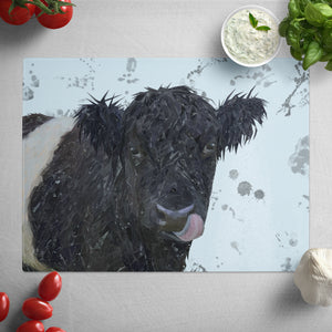 "Eugene" The Belted Galloway Cow (Grey Background) Glass Worktop Saver