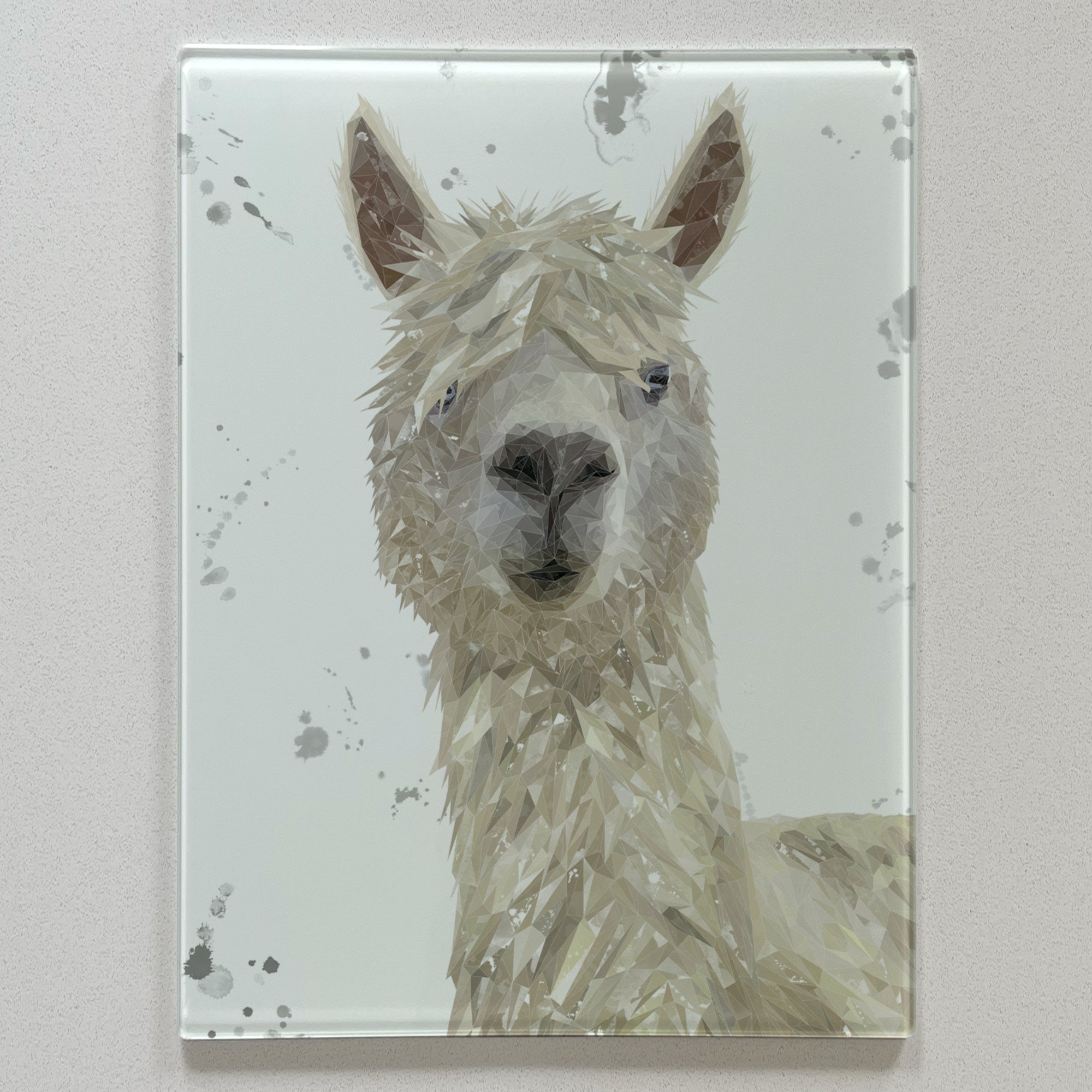 Roland The Alpaca, Portrait, Grey Background, Premium Glass Worktop Saver