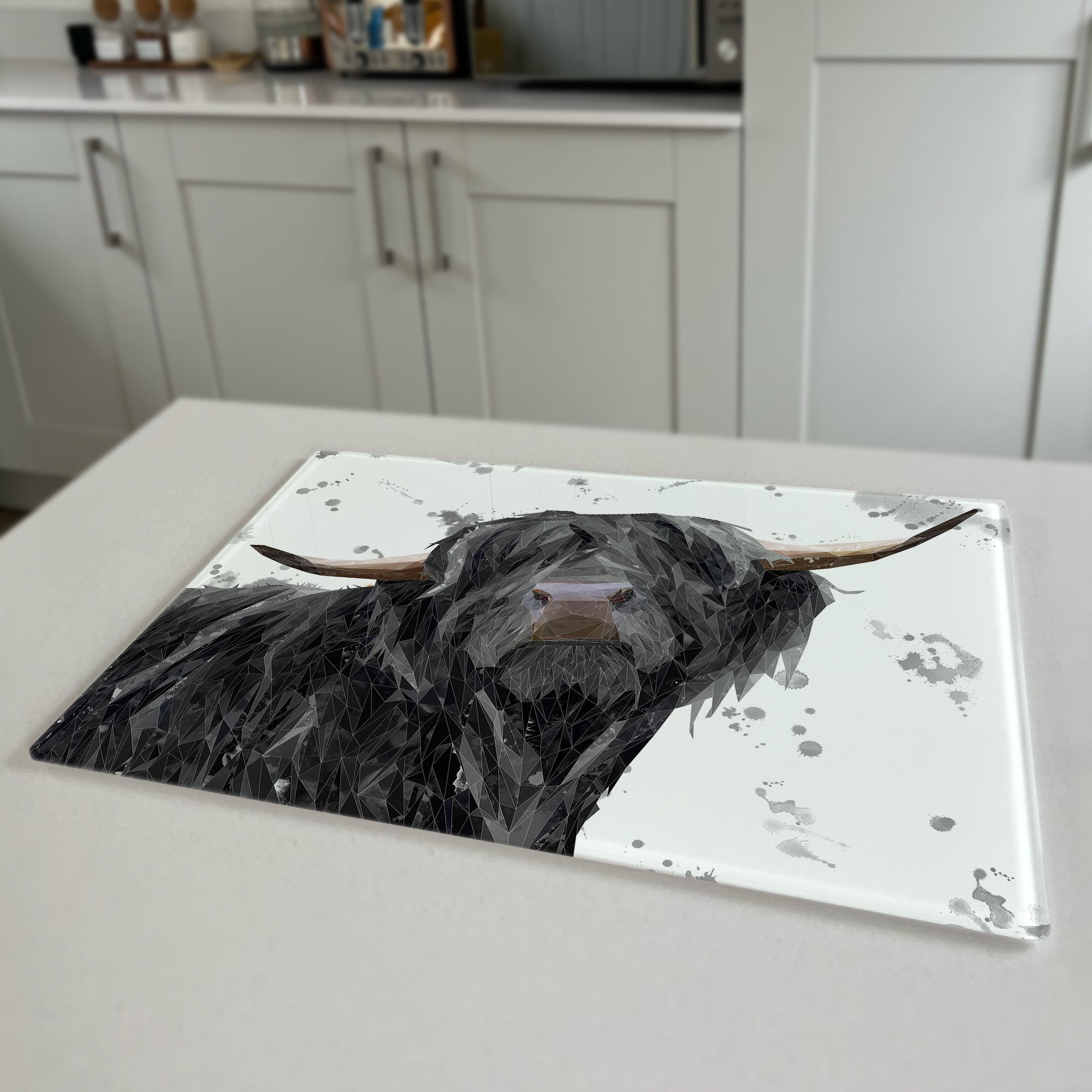 Barnaby The Highland Bull Grey Background Premium Glass Worktop Saver
