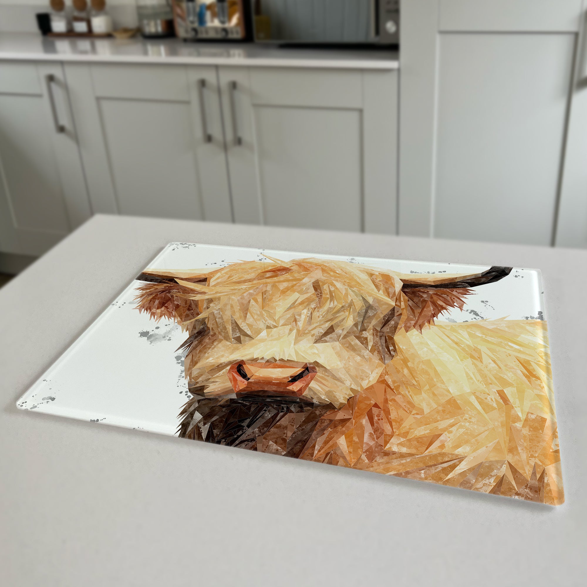 Brenda The Highland Cow Grey Background Premium Glass Worktop Saver