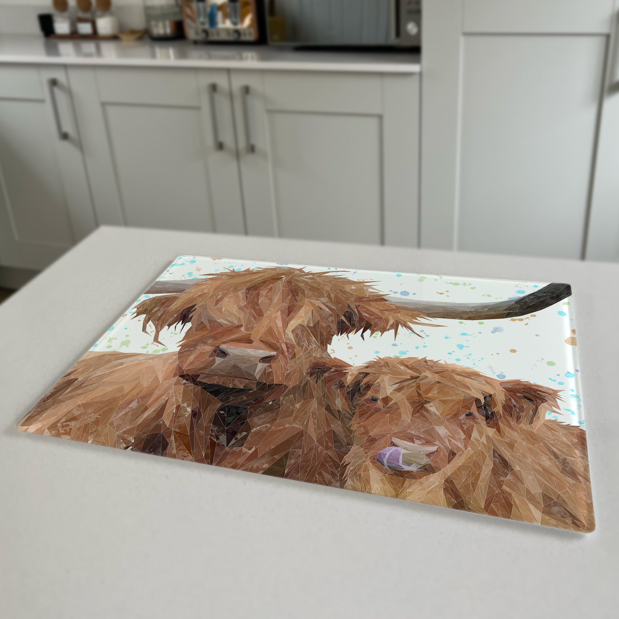 A Mother's Love, Highland Cow & Calf Premium Glass Worktop Saver