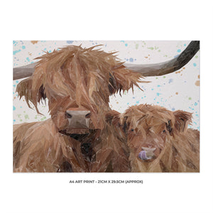 "A Mother's Love" Highland Cow & Calf A4 Unframed Art Print