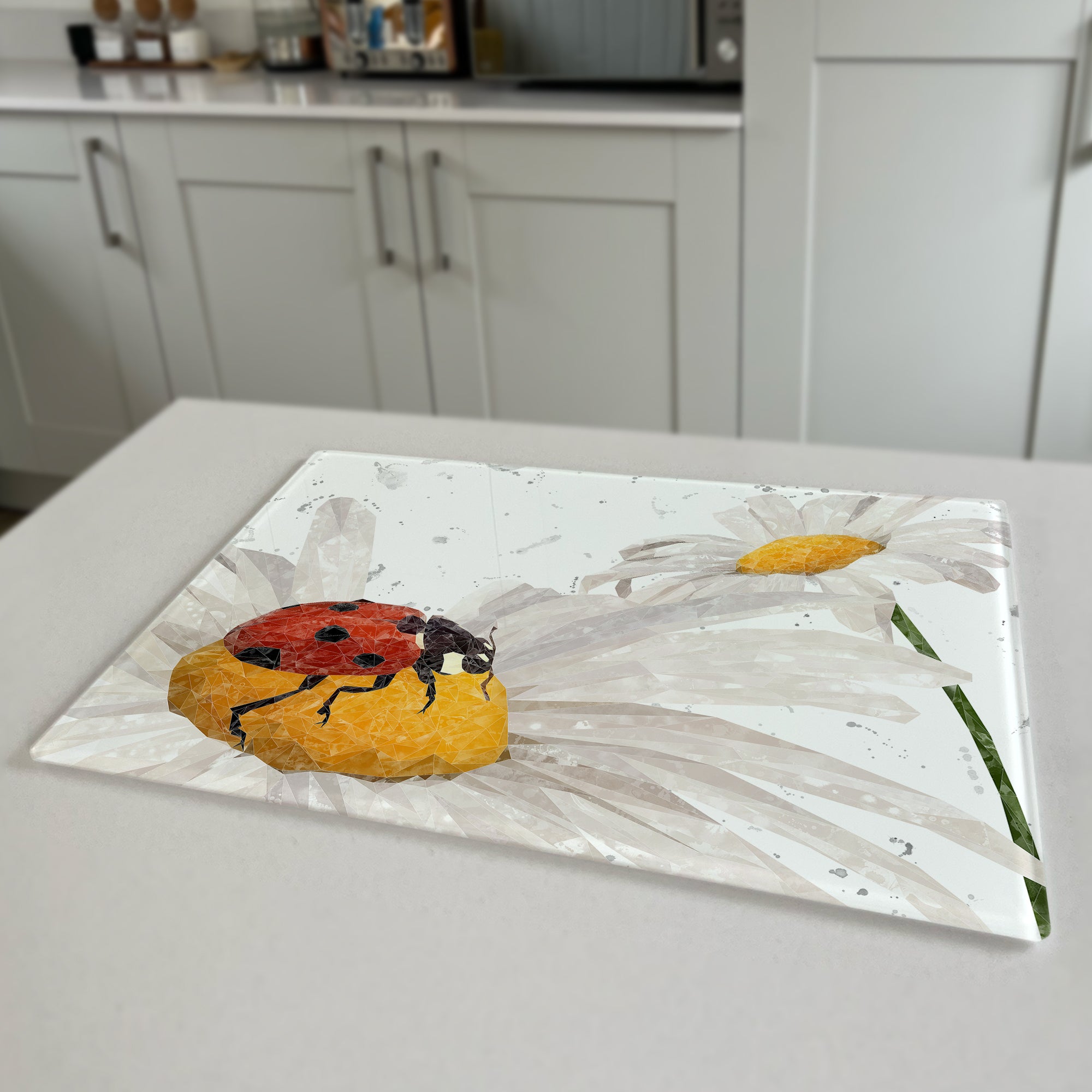 Lady Daisy, The Ladybird and Daisy, Grey Background Premium Glass Worktop Saver