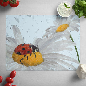 "Lady Daisy" Ladybird and Daisies (grey background) Glass Worktop Saver