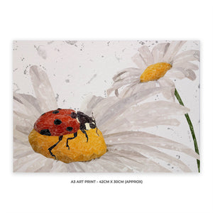 "Lady Daisy" Ladybird and Daisies (Grey Background) A3 Unframed Art Print