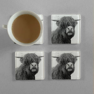 "Henry" The Highland Bull (B&W) Premium Glass Coasters