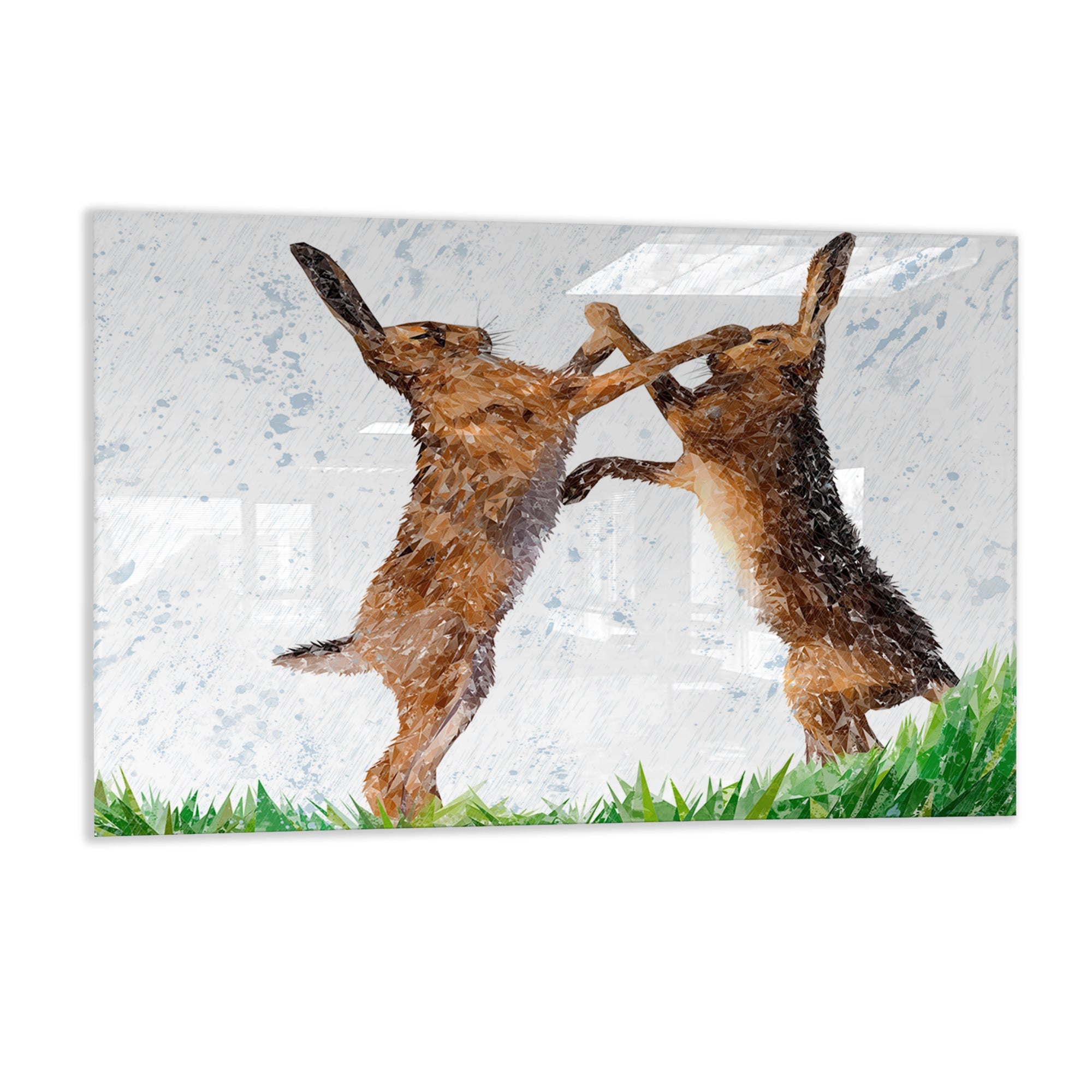 "The Standoff" Fighting Hares Glass Wall Art