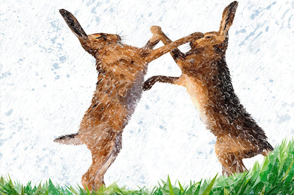 "The Standoff" Fighting Hares Glass Wall Art