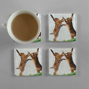 "The Standoff" Fighting Hares Premium Glass Coasters