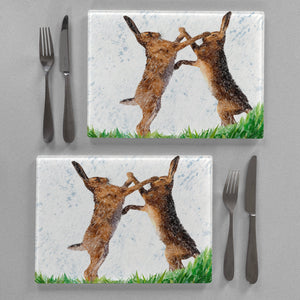 "The Standoff" Fighting Hares Premium Glass Placemat