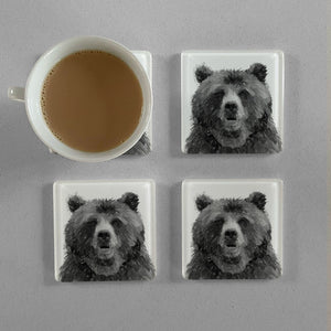 "Monty" The Brown Bear (B&W) Premium Glass Coasters