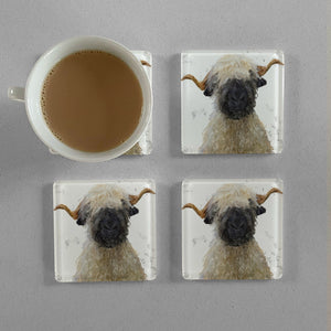 "Betty" The Valais Blacknose Sheep (Grey Background) Premium Glass Coasters