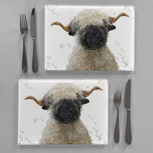 "Betty" The Valais Blacknose Sheep (Grey Background) Premium Glass Placemat