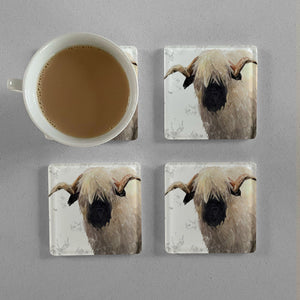 "Bertie" The Valais Ram (Grey Background) Premium Glass Coasters