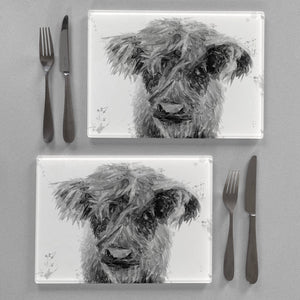 "Peeps" The Highland Calf (B&W) Premium Glass Placemat