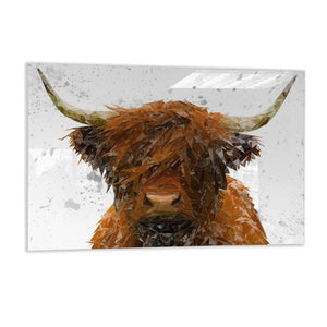 "The Highland" Highland Cow Art (Grey Background) Glass Wall Art