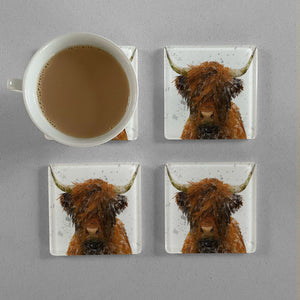 "The Highland" Highland Cow Art (Grey Background) Premium Glass Coasters