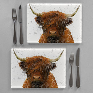 "The Highland" Highland Cow Art (Grey Background) Premium Glass Placemat