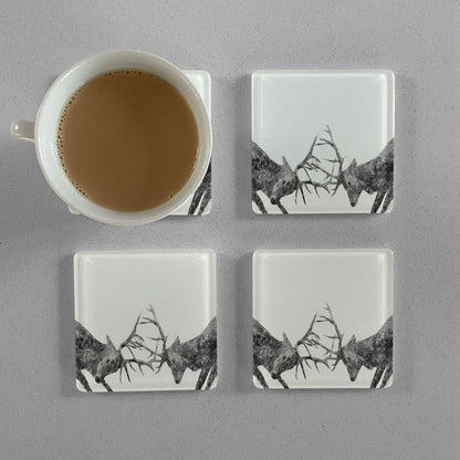 "The Showdown" Rutting Stags (B&W) Premium Glass Coasters