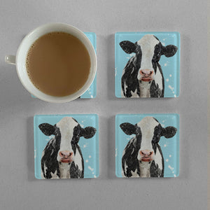 "Harriet" The Holstein Cow (Blue Background) Premium Glass Coasters