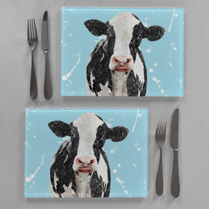 "Harriet" The Holstein Cow (Blue Background) Premium Glass Placemat