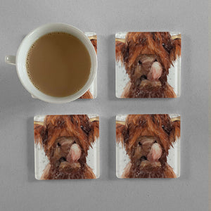 "Harry" The Highland Bull (Grey Background) Premium Glass Coasters