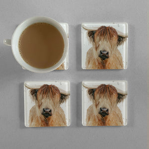 "Bernadette" The Highland Cow (Grey Background) Premium Glass Coasters