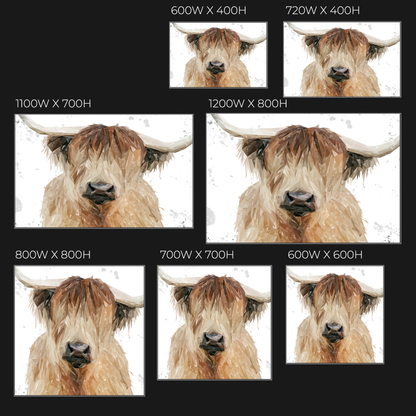 "Bernadette" The Highland Cow (Grey Background) Glass Wall Art