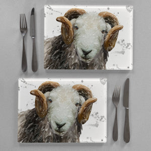 "Stanley" The Herdwick Ram (Grey Background) Premium Glass Placemat