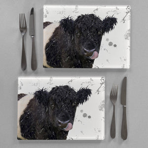 "Eugene" The Belted Galloway Cow (Grey Background) Premium Glass Placemat