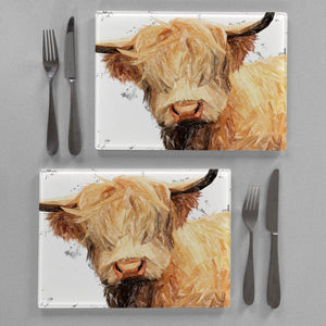 "Brenda" The Highland Cow (Grey Background) Premium Glass Placemat