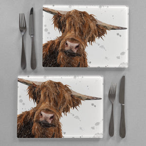 "Mac" The Highland Bull (Grey Background) Premium Glass Placemat