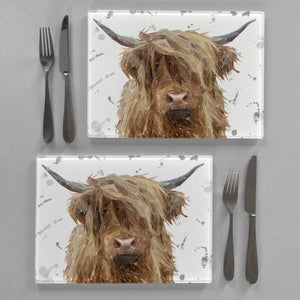 "Millie" The Highland Cow (Grey Background) Premium Glass Placemat