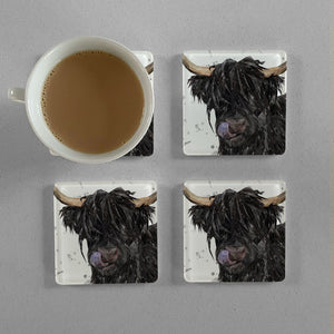 "Mabel" The Highland Cow (Grey Background) Premium Glass Coasters