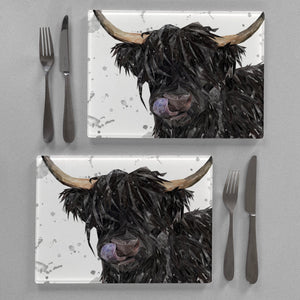 "Mabel" The Highland Cow (Grey Background) Premium Glass Placemat