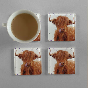 "Stephen Thomas" The Highland Bull (landscape version) Premium Glass Coasters