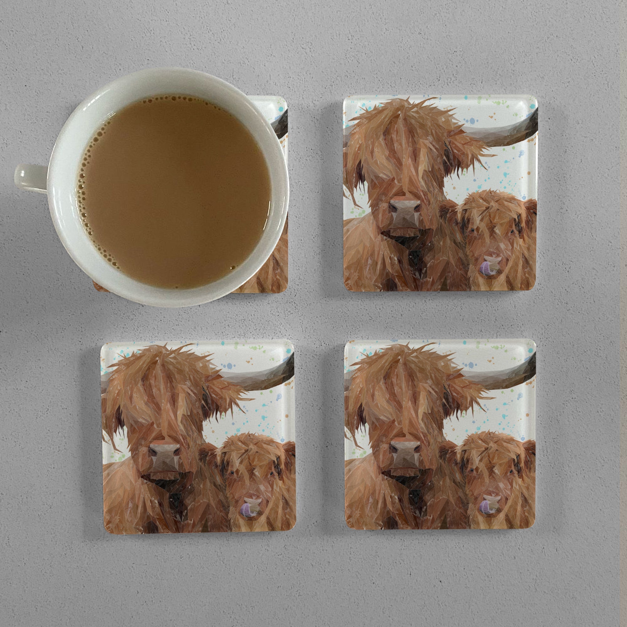 "A Mother's Love" Highland Cow & Calf Premium Glass Coasters