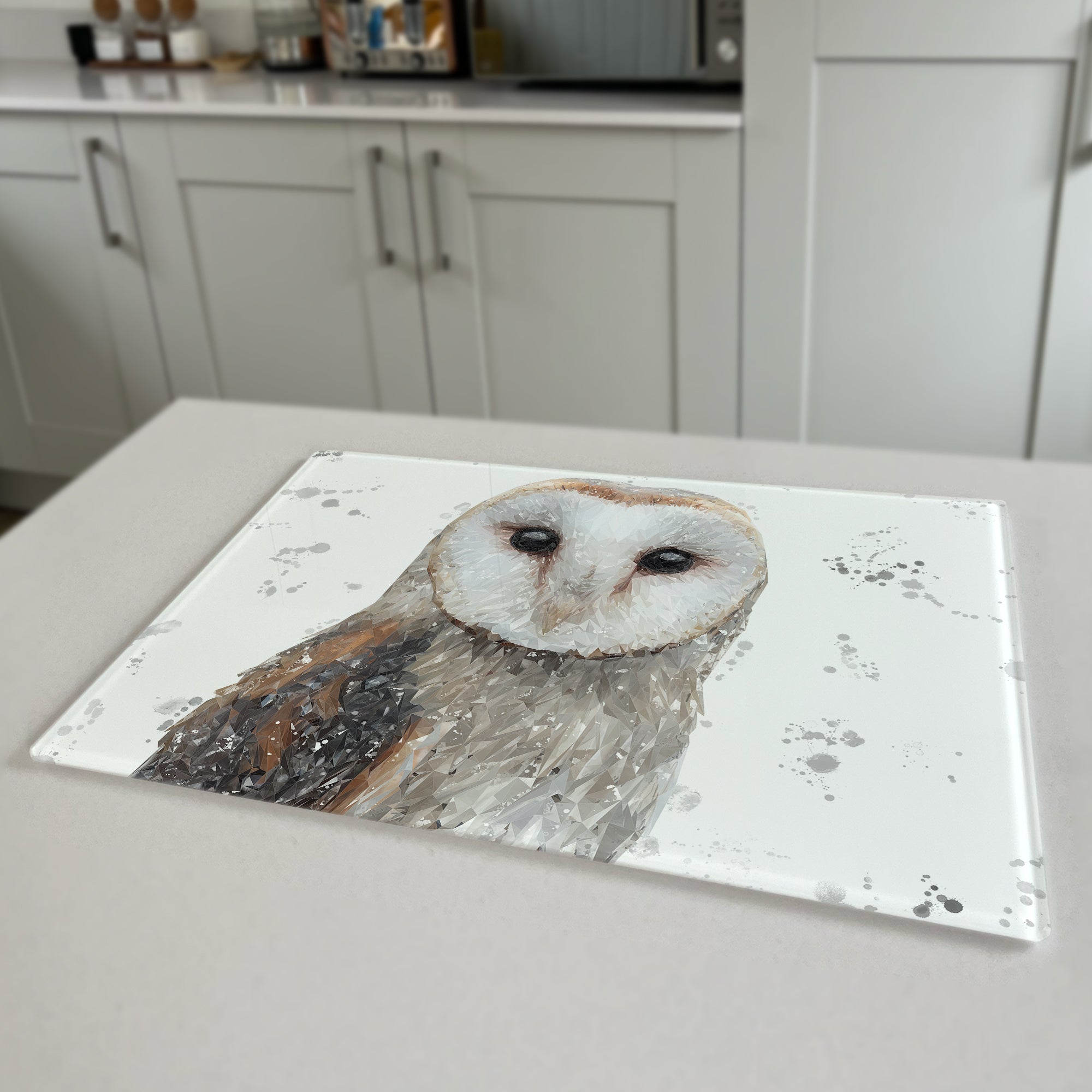 Whisper The Barn Owl (Grey Background) Premium Glass Worktop Saver