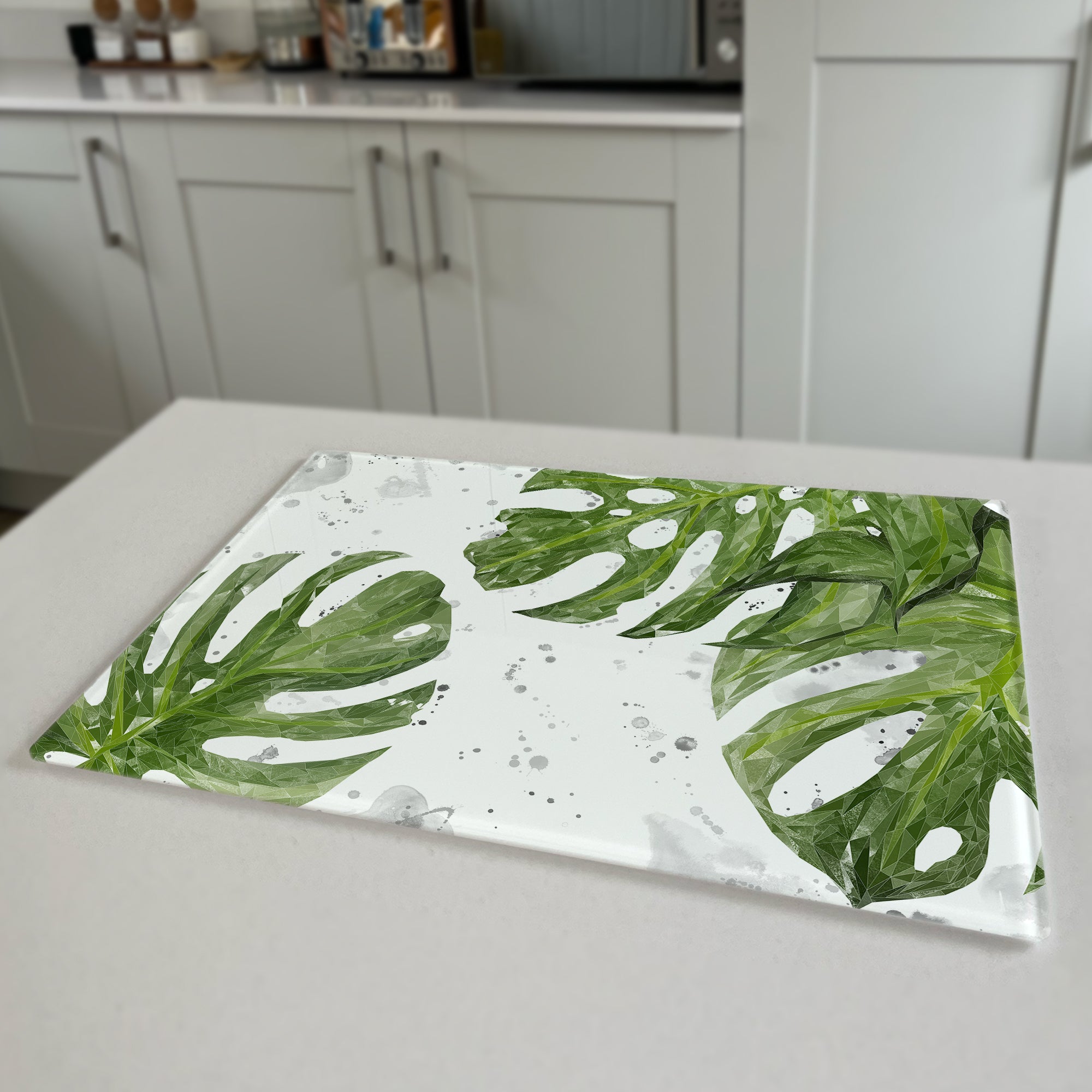 Tranquillity Monstera Plant (Grey Background Splashes) Premium Glass Worktop Saver